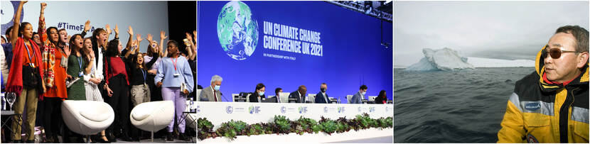 Youth on stage at the COP25 in Chile, Opening session COP26, Ban Ki-moon visiting the Collins Glacier