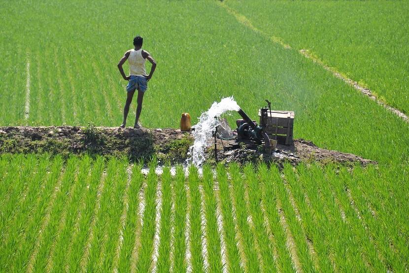Grondwaterpomp, irrigatie van landbouwgrond, bij Pirozali, Bangladesh