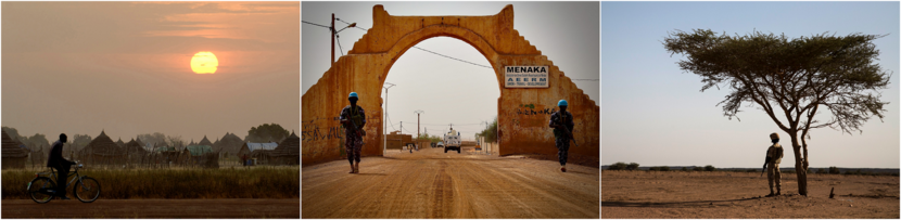 v.l.n.r.: Zonsondergang Soedan, politiepatrouille van de UN in Mali, en MINUSMA patrouille bij landingsbaan in Kidal